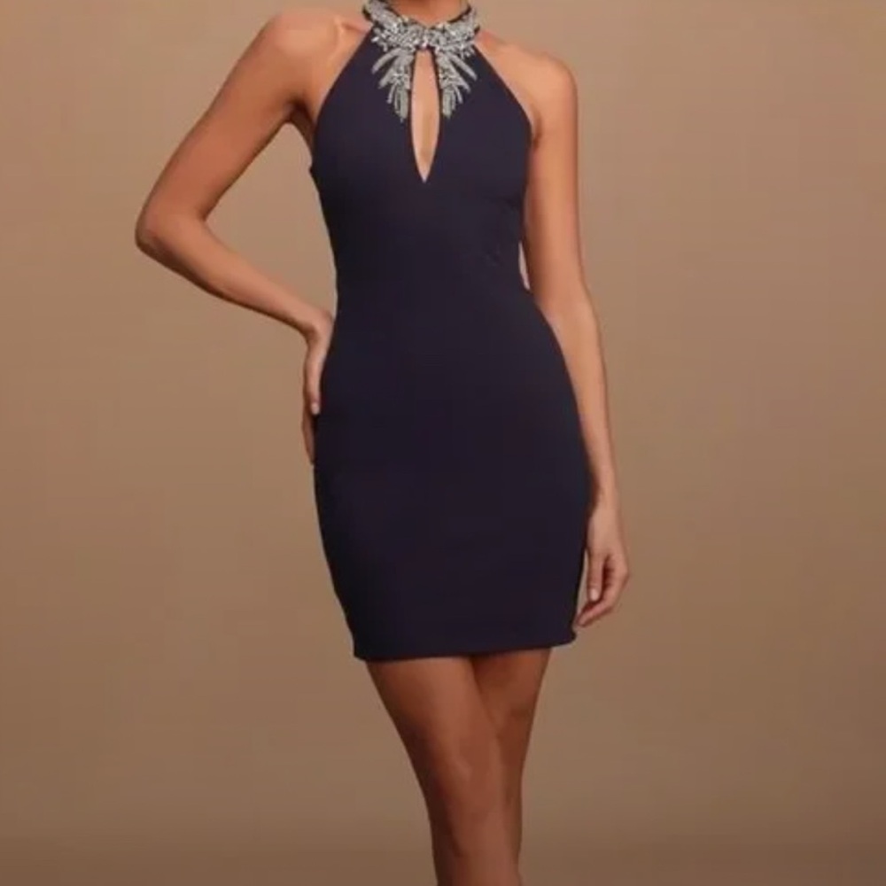 Lulu’s Navy Jeweled Rhinestone Collar Bodycon Dress XS NWT